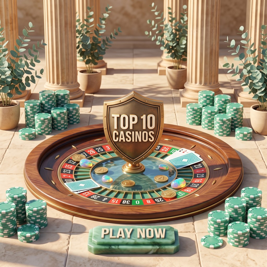 Roulette wheel with a golden Top 10 Casinos shield, casino chips and a Play Now button